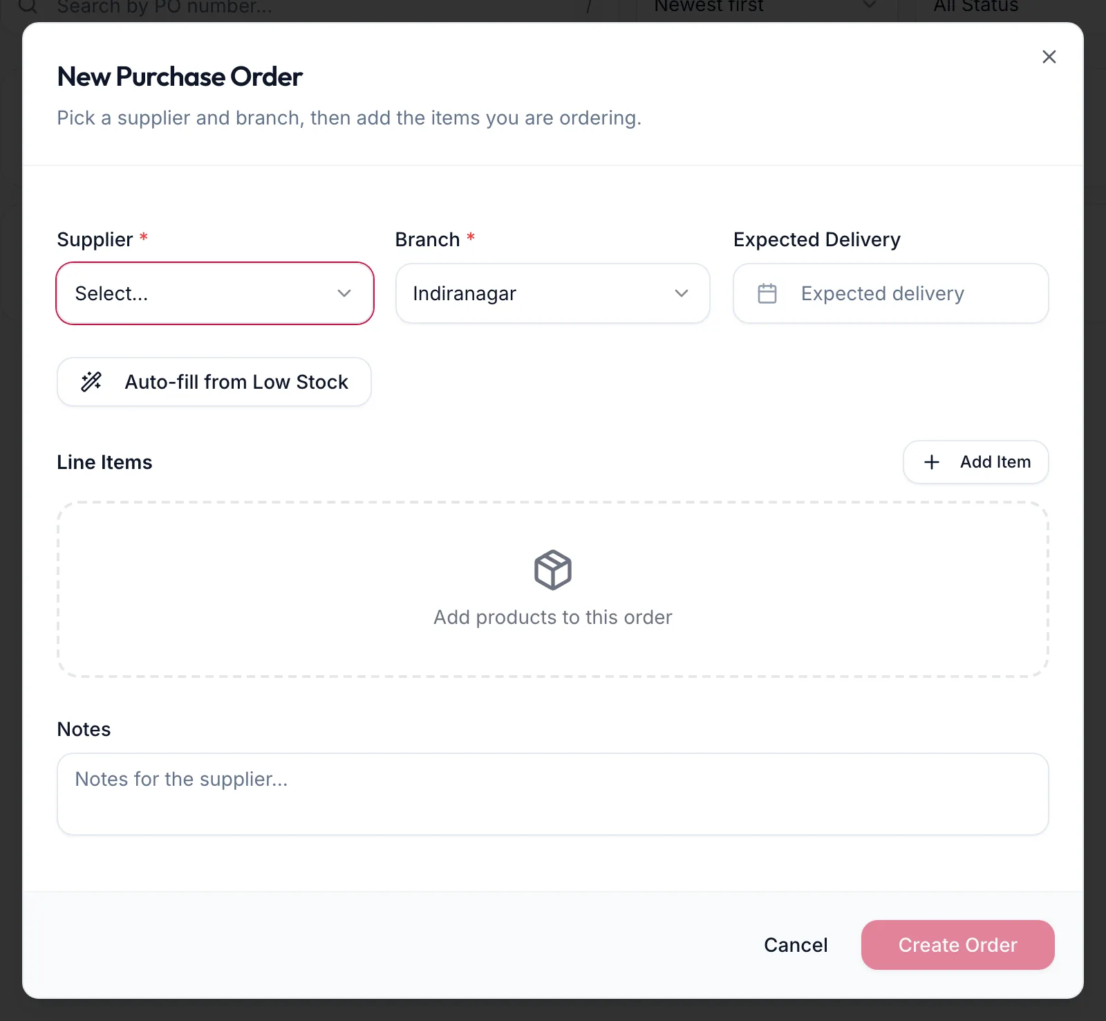 The New Purchase Order dialog