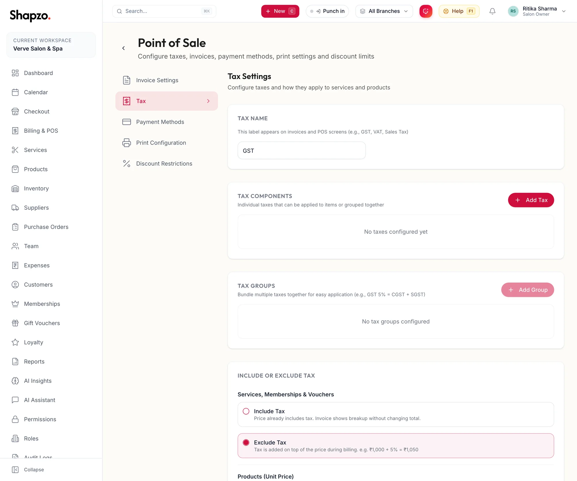 The Tax section of Point of Sale settings