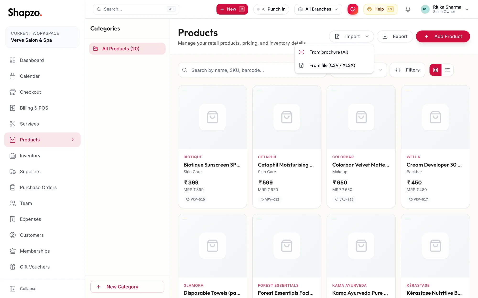 The Import menu on Products