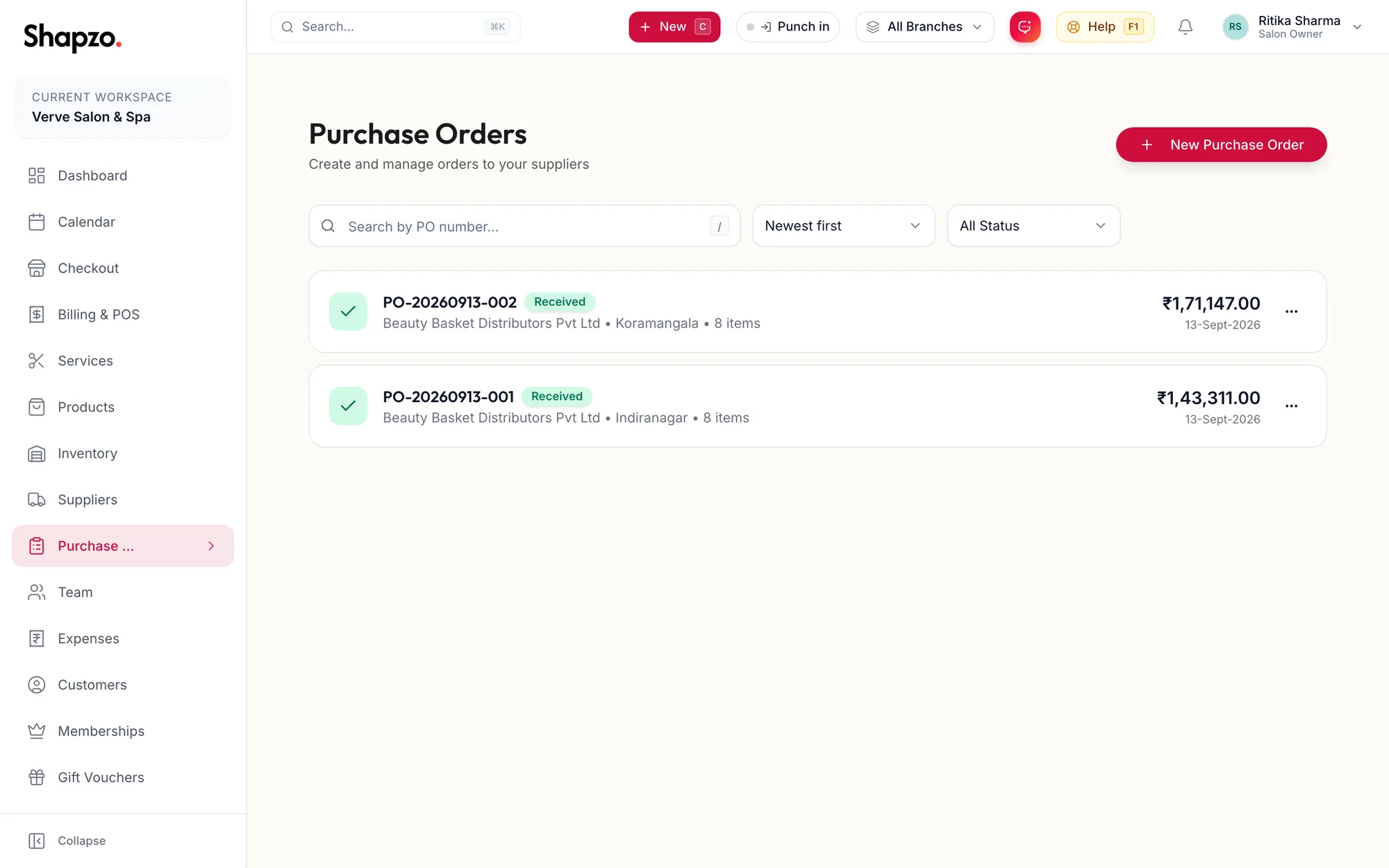 The Purchase Orders page