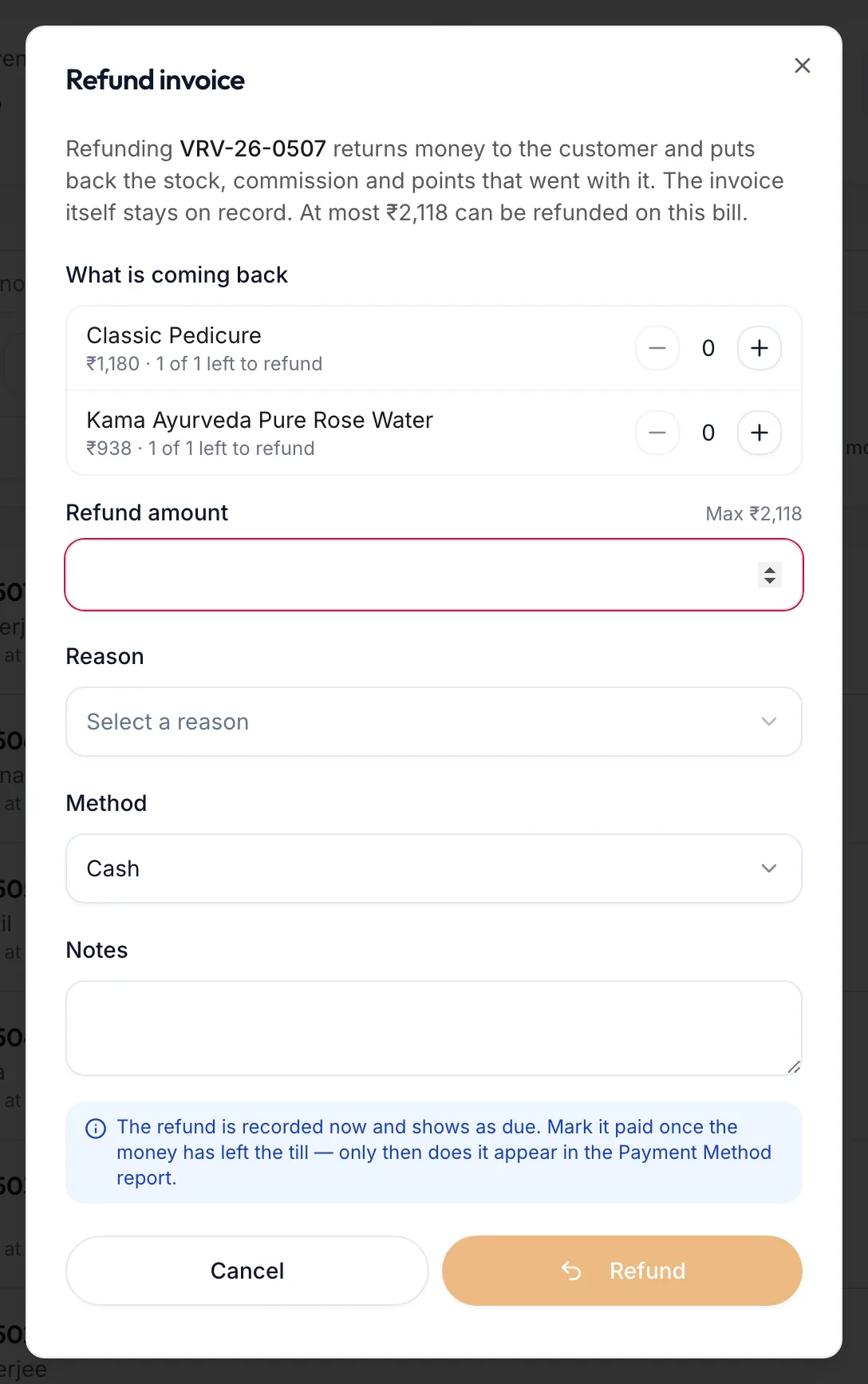 The Refund invoice dialog