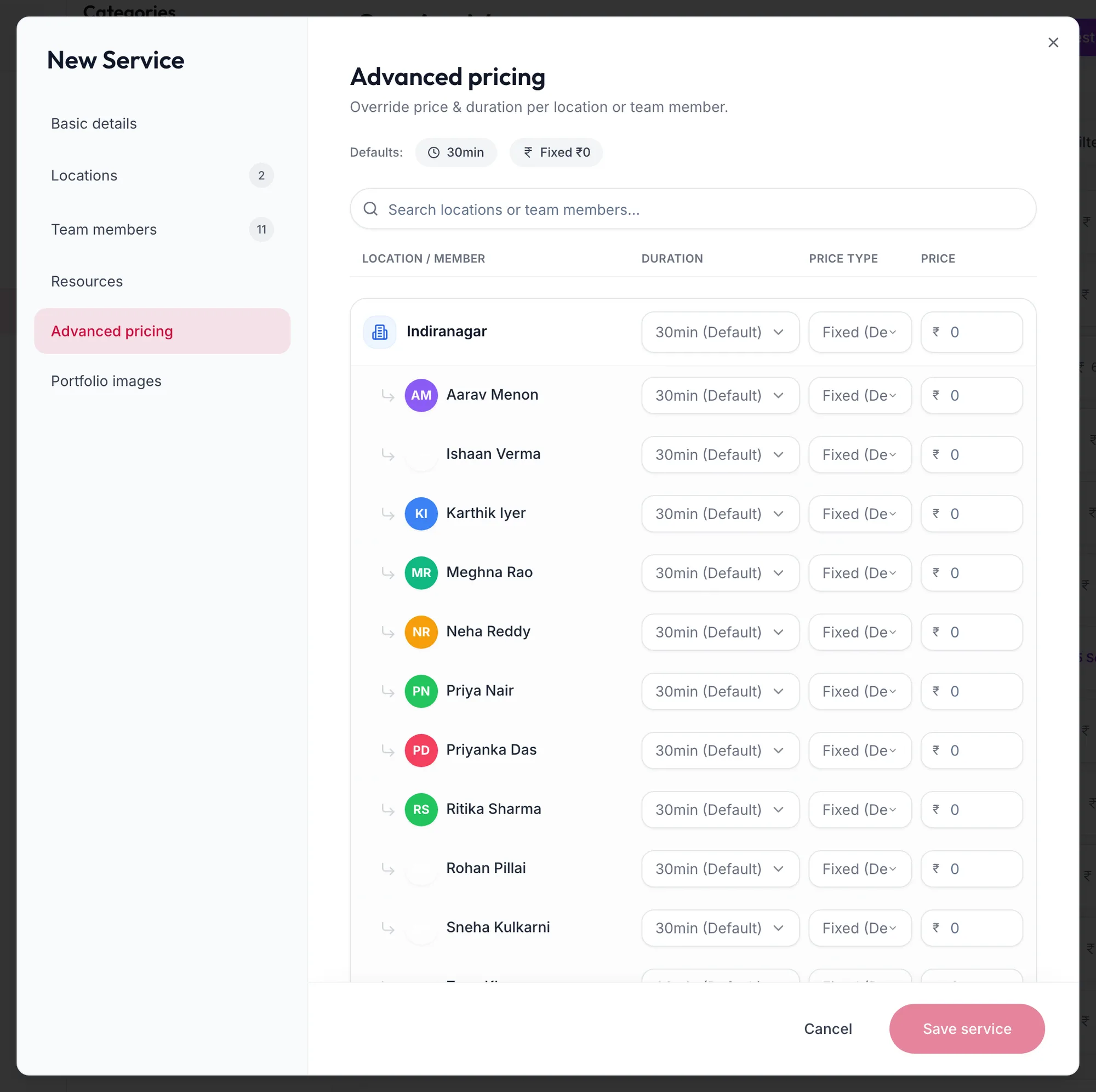 The Advanced pricing tab of a service