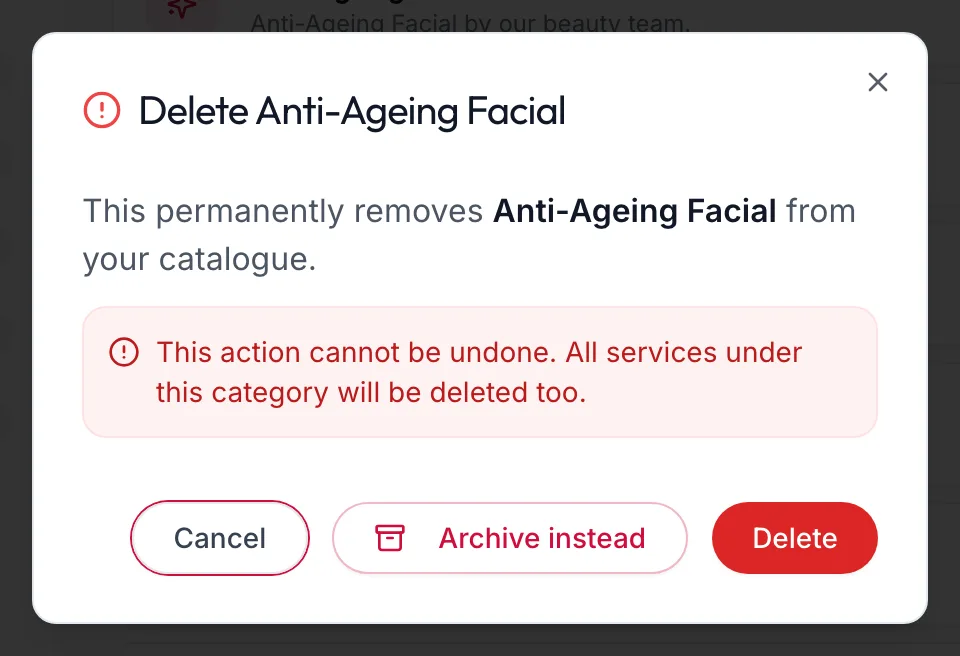 The delete confirmation for a service