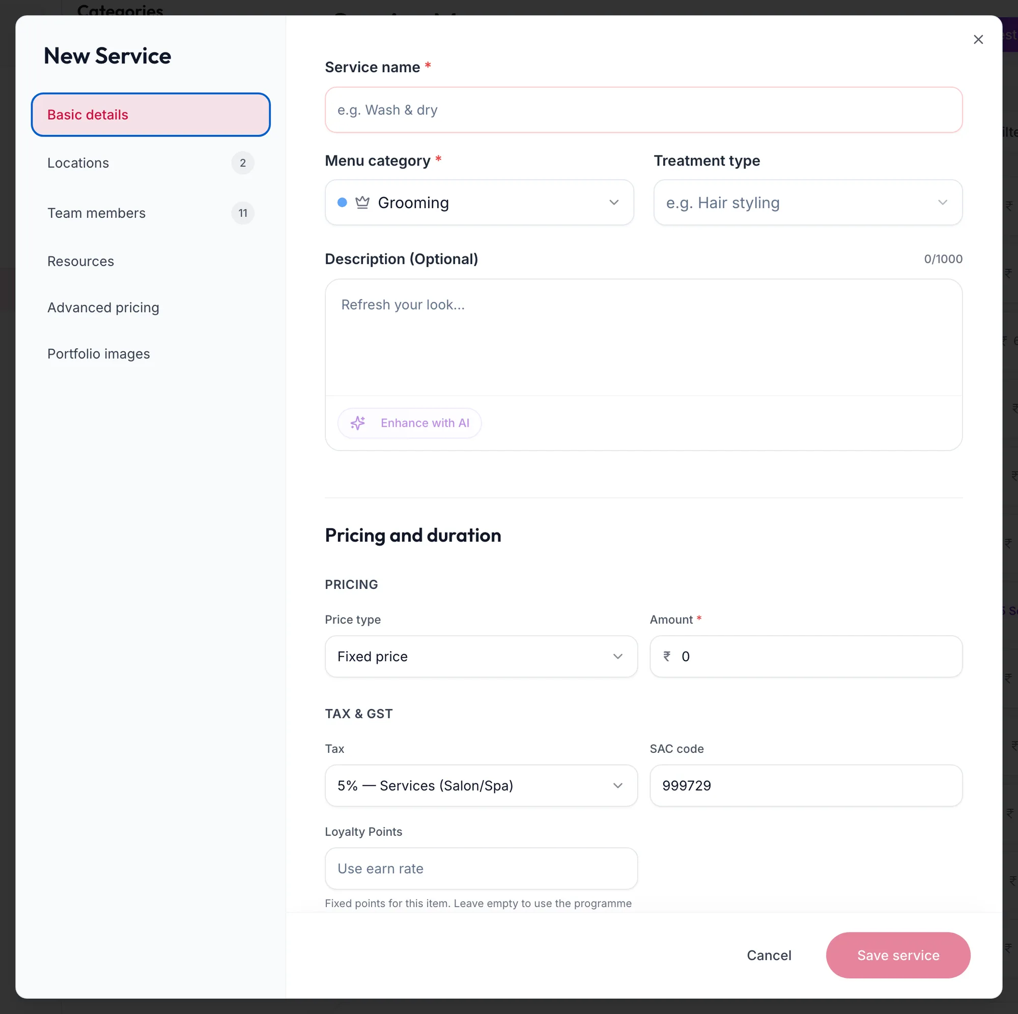 The New service form on Basic details