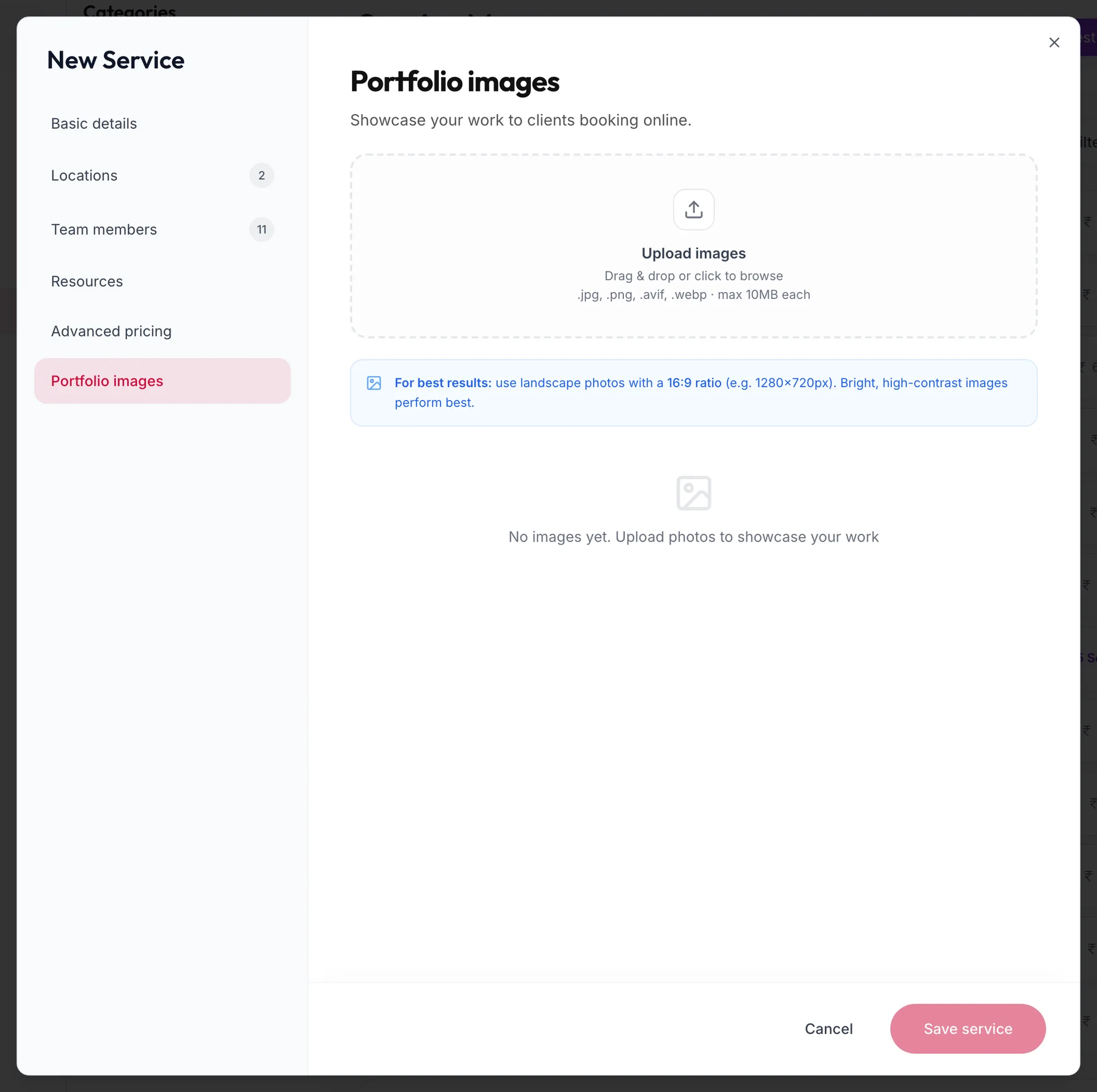 The Portfolio images tab of a service