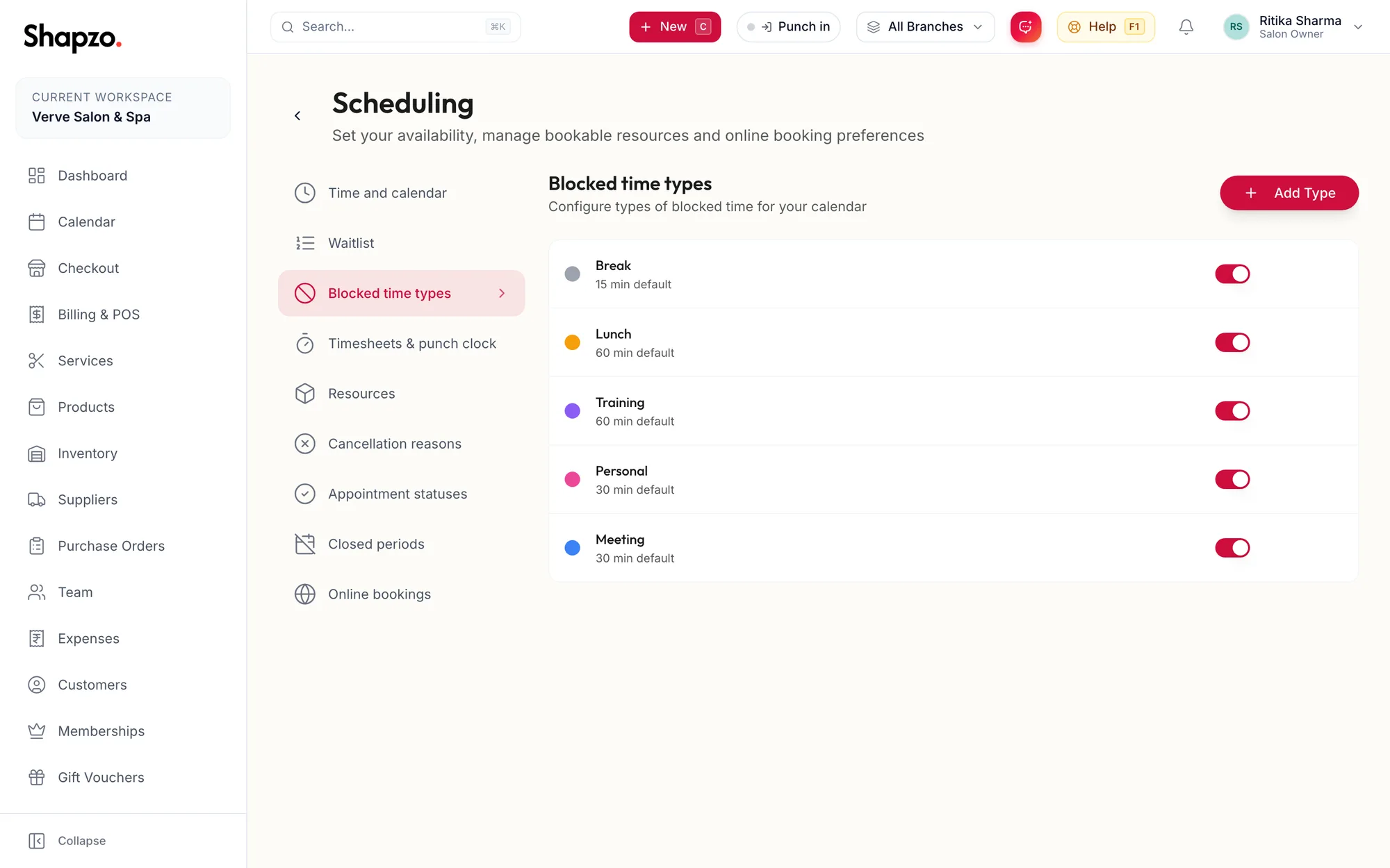 The Blocked time types section