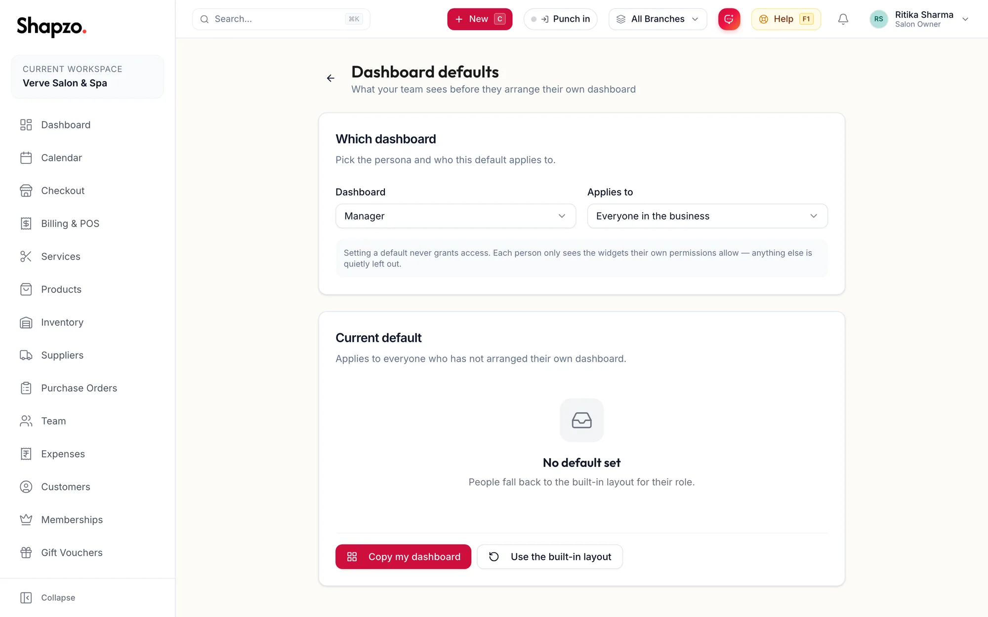 The Dashboard defaults page