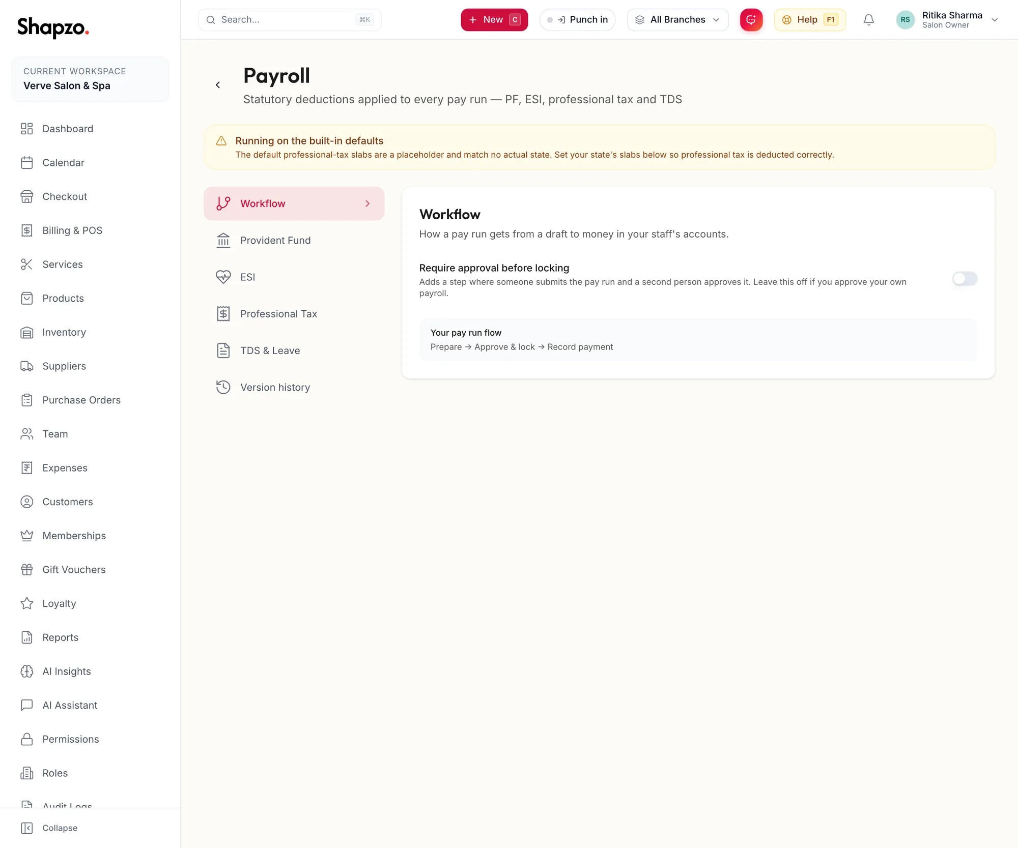 The Payroll settings page