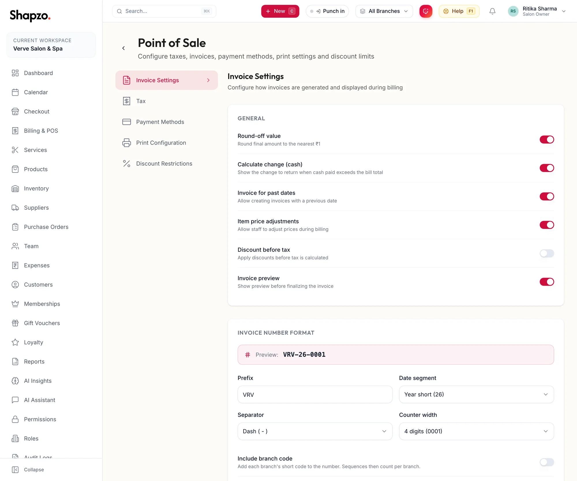 The Invoice Settings section