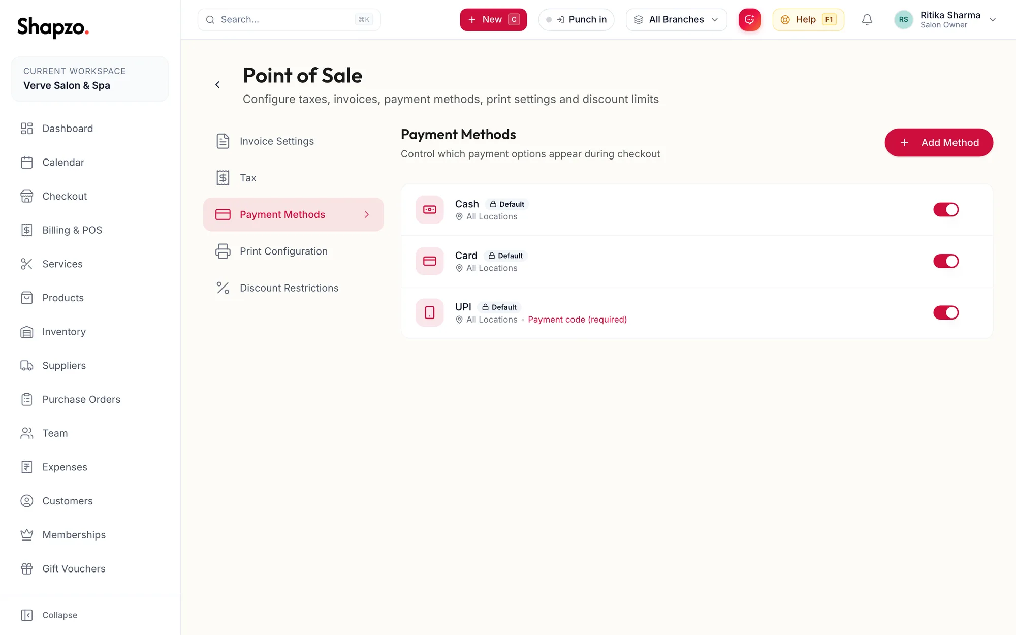 The Payment Methods section