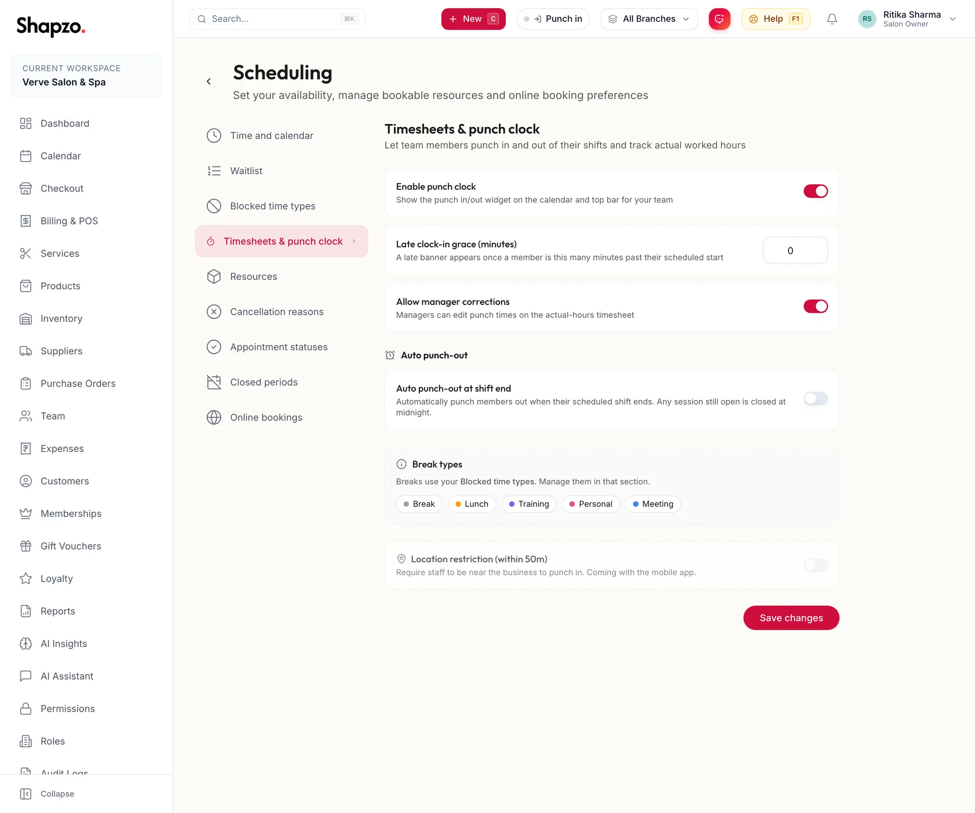The Timesheets and punch clock section