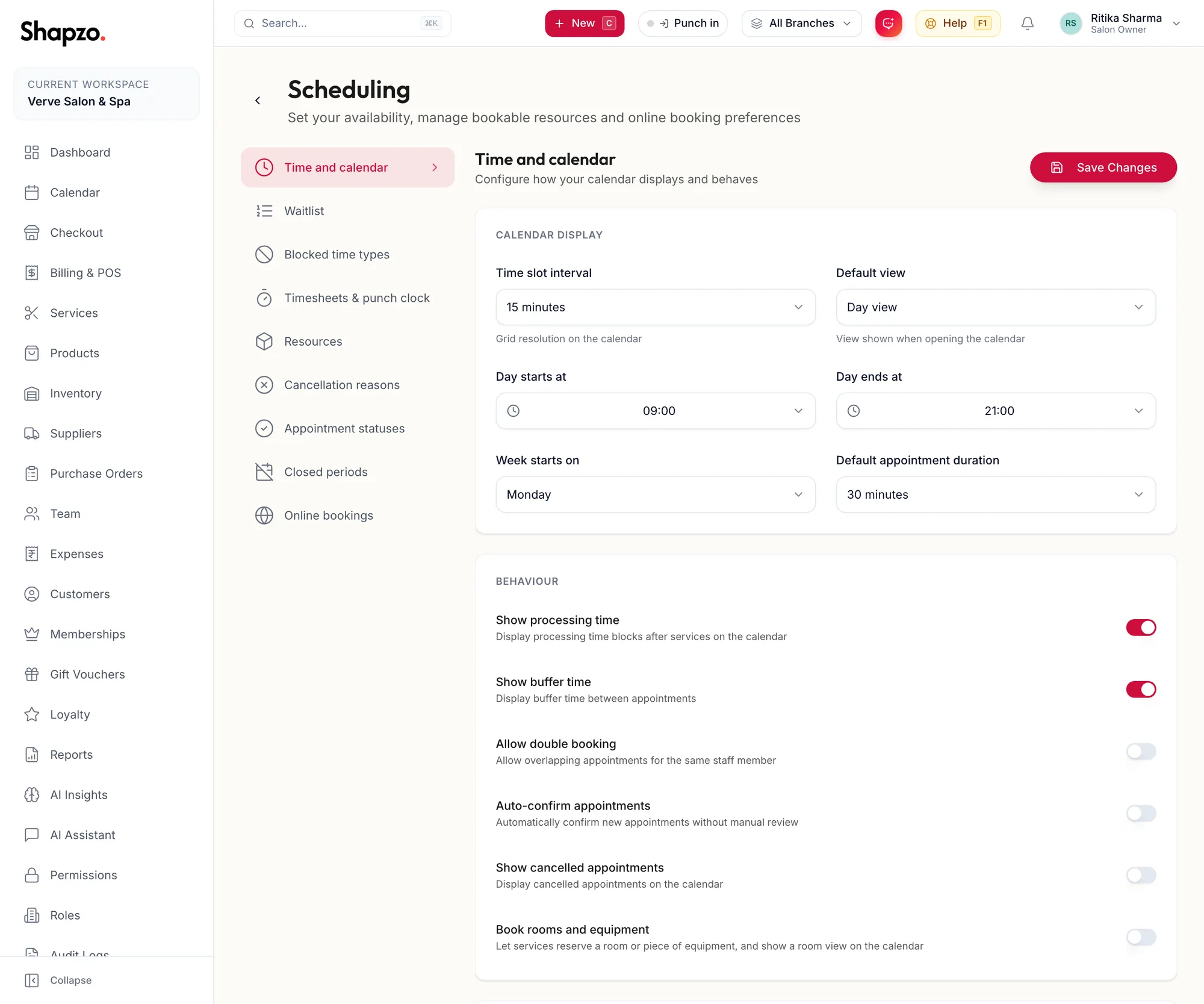 The Time and calendar section