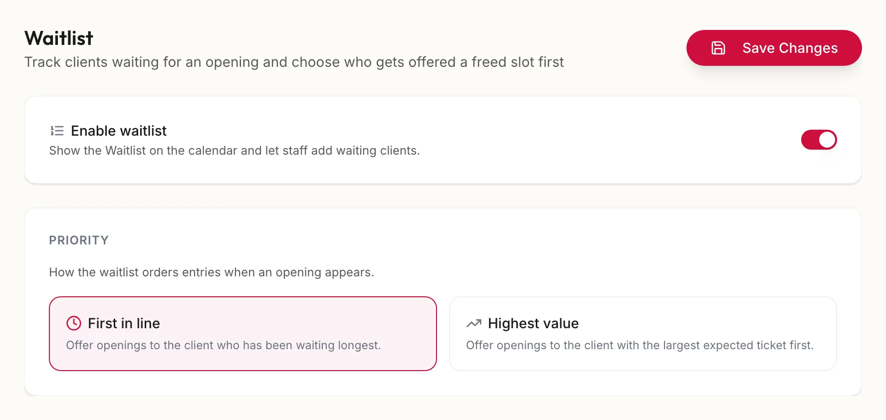 The Waitlist settings section