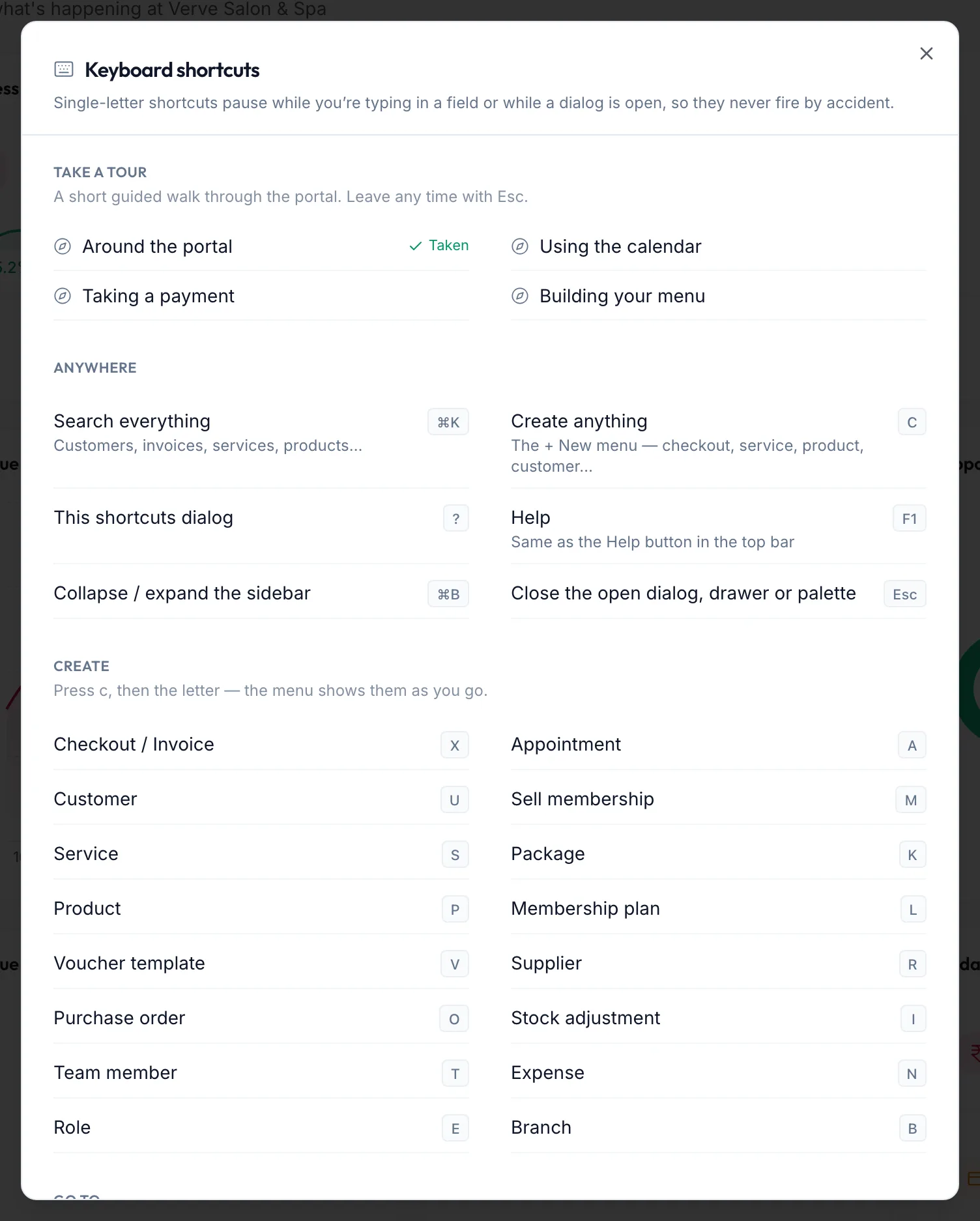 The Keyboard shortcuts dialog