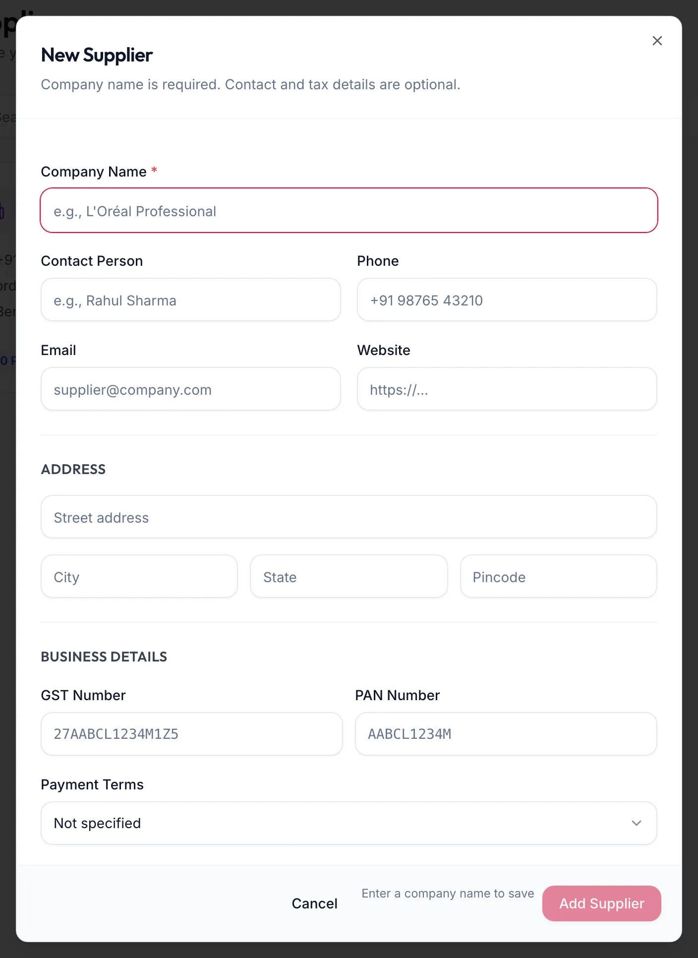 The New Supplier dialog