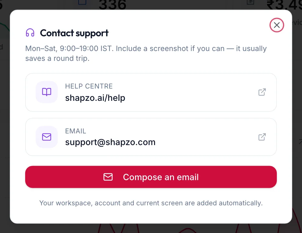 The Contact support dialog