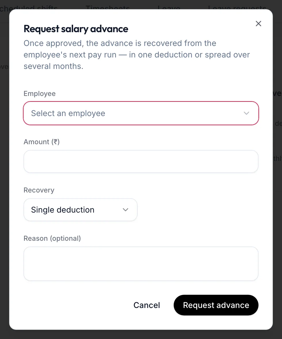 The Request salary advance dialog