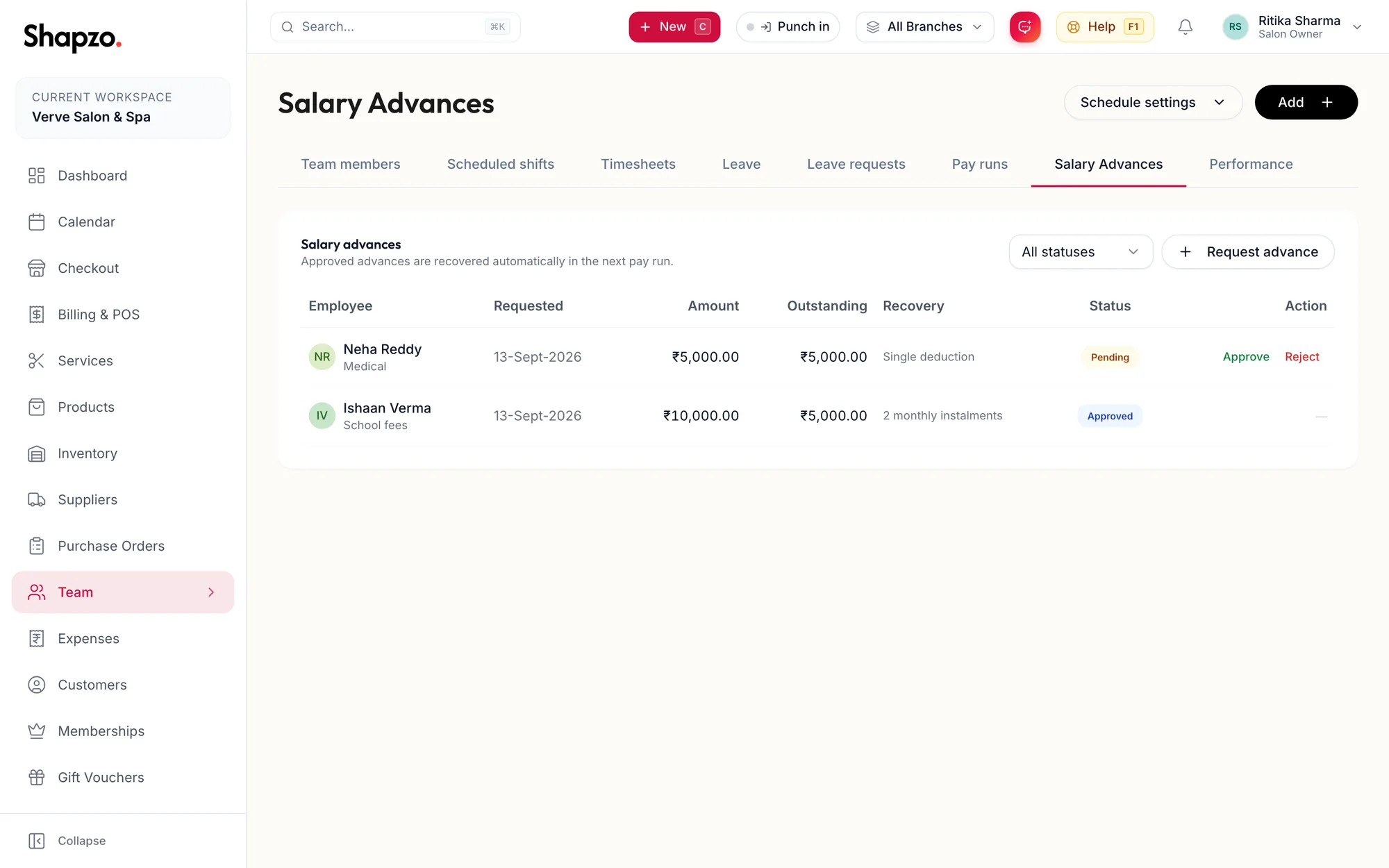 The Salary advances tab