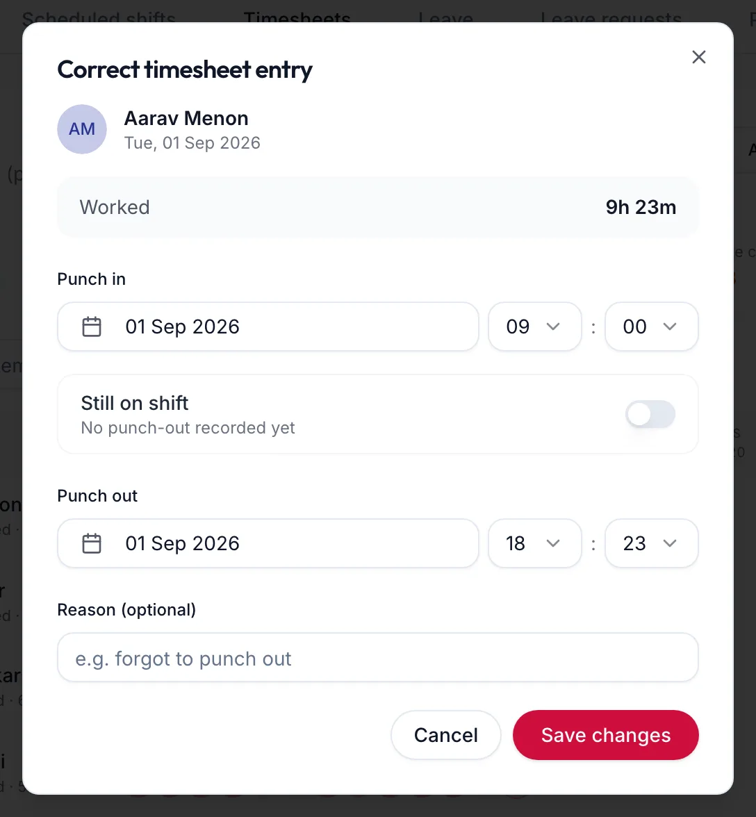The Correct timesheet entry dialog