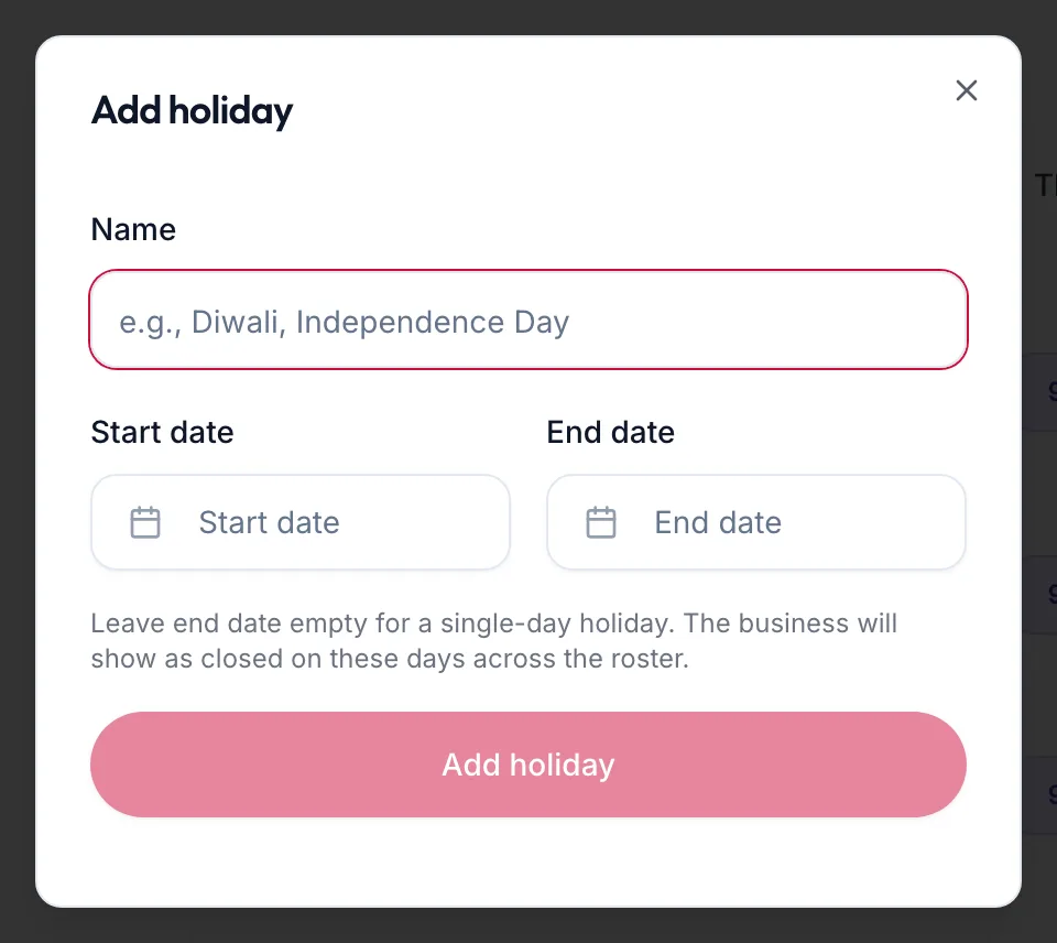 The Add holiday dialog