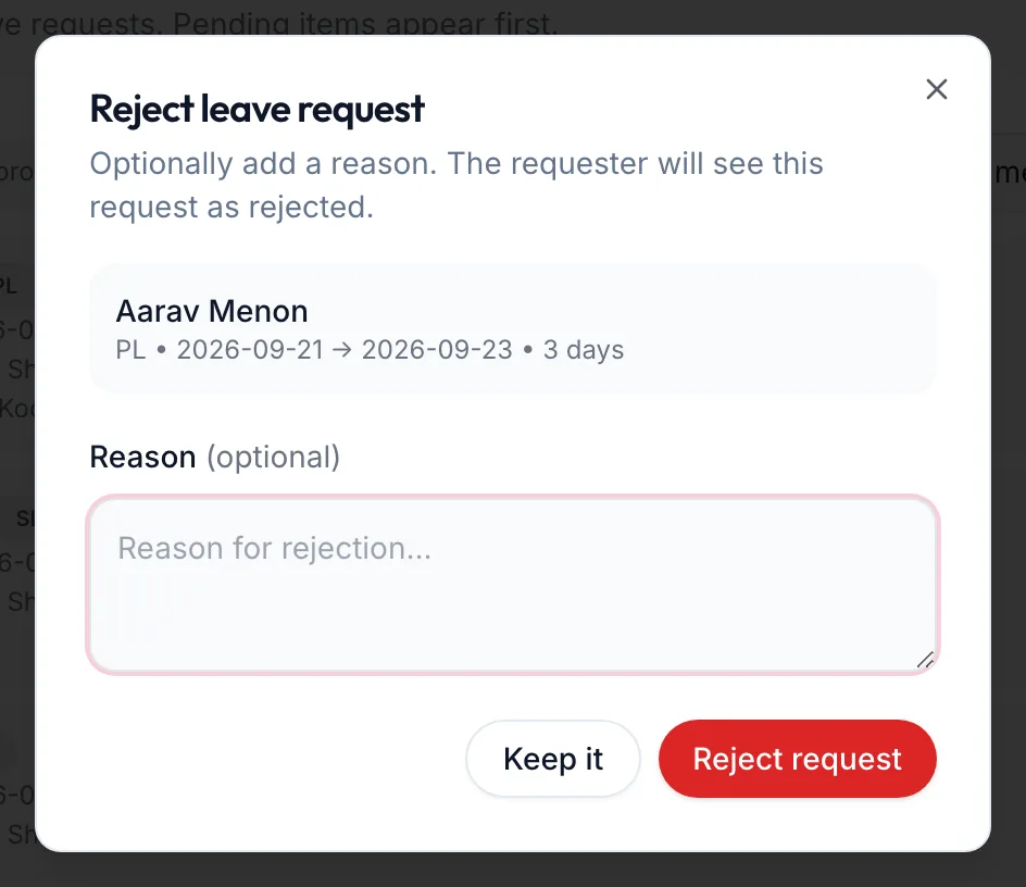 The Reject leave request dialog
