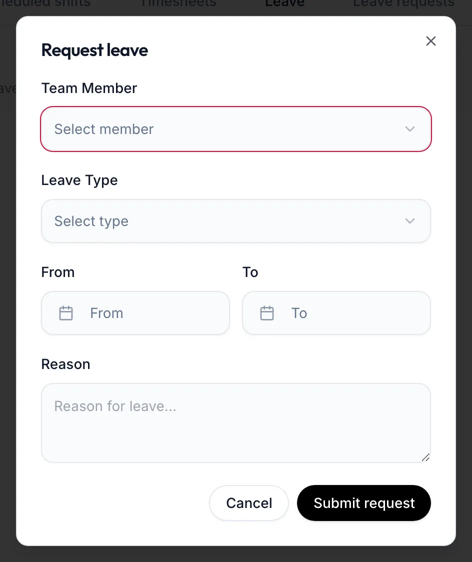 The Request leave dialog