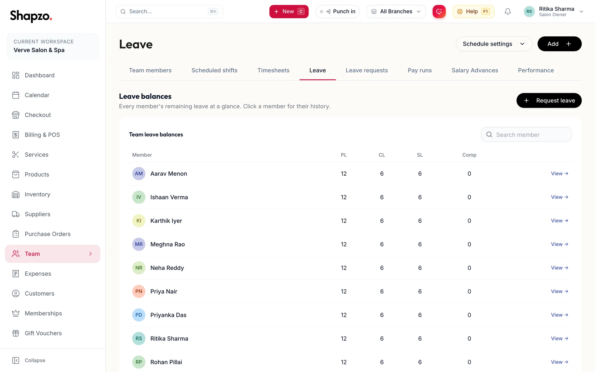 The Leave tab with team balances