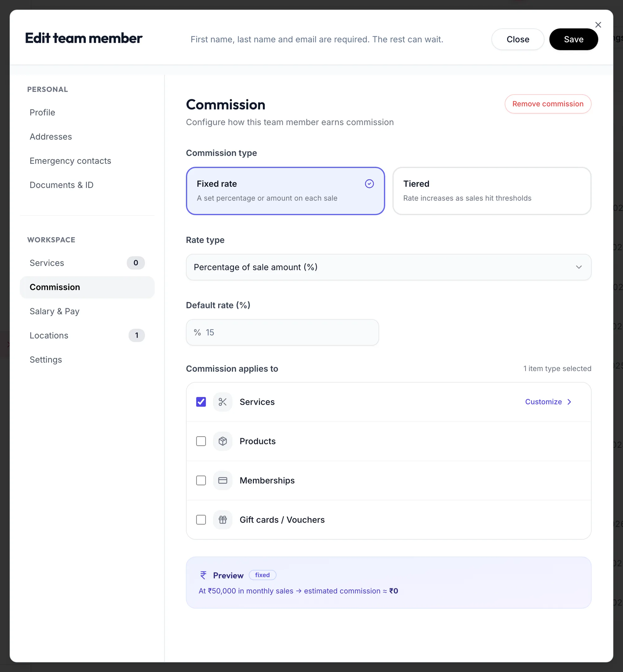The Commission section of the team member form