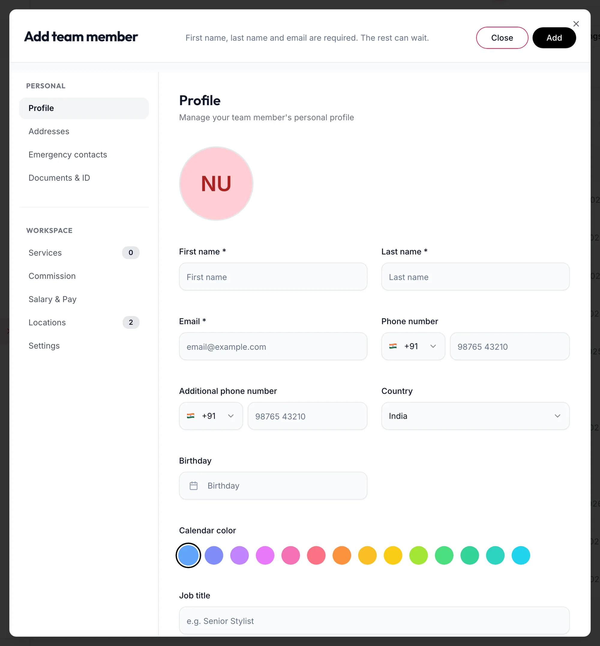 The Add team member form on Profile