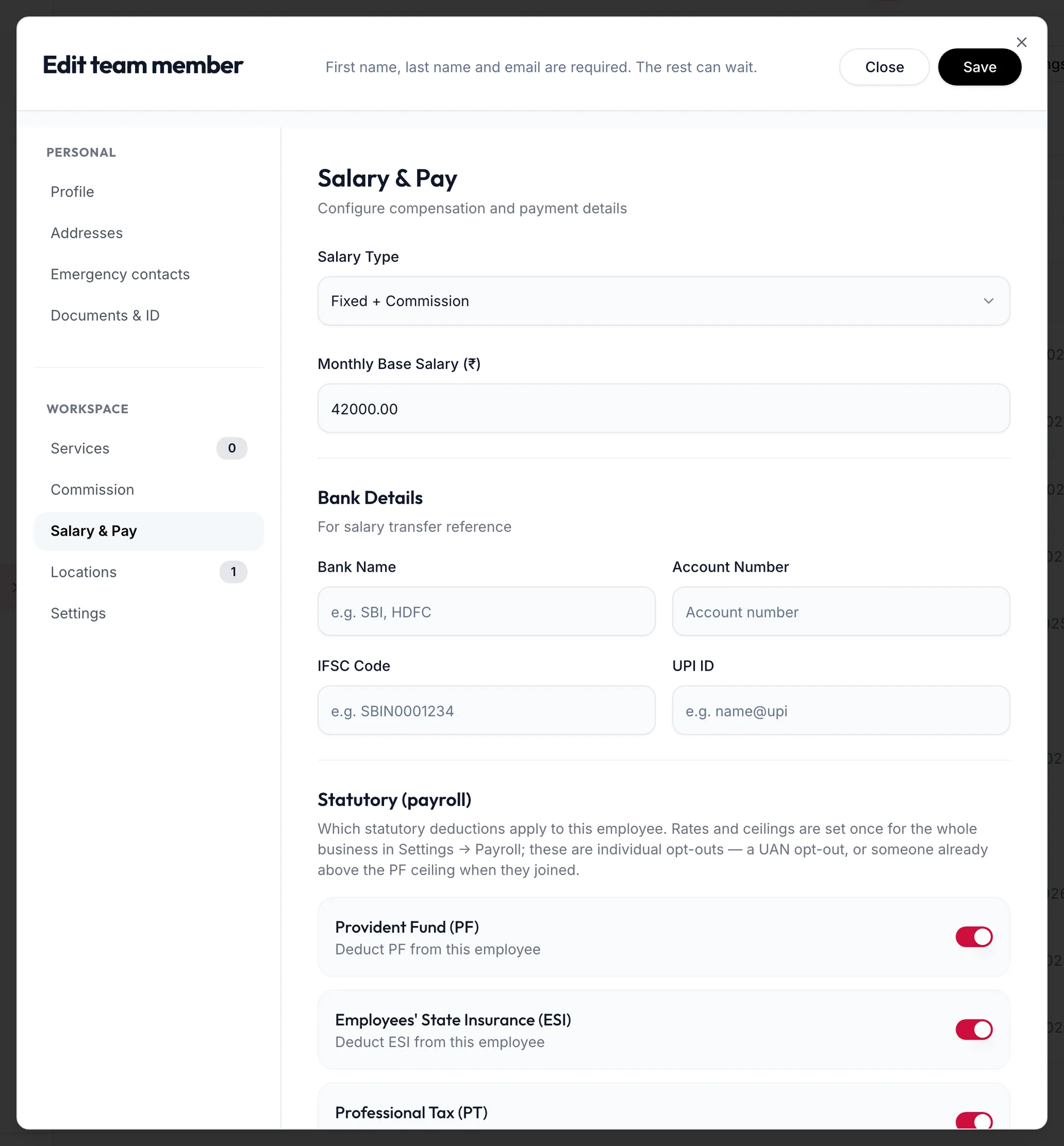 The Salary and Pay section of the team member form