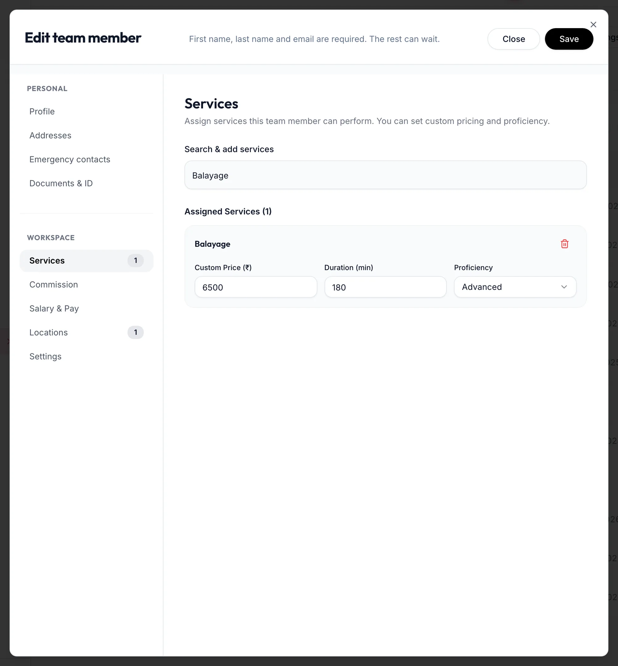 The Services section of the team member form