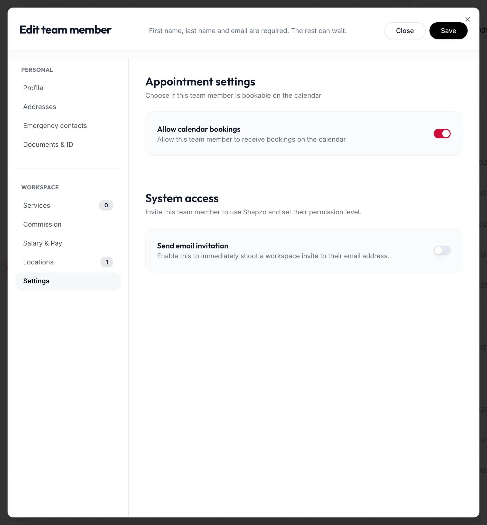 The Settings section of the team member form