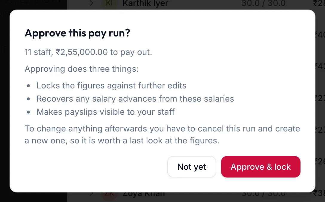 The Approve this pay run dialog