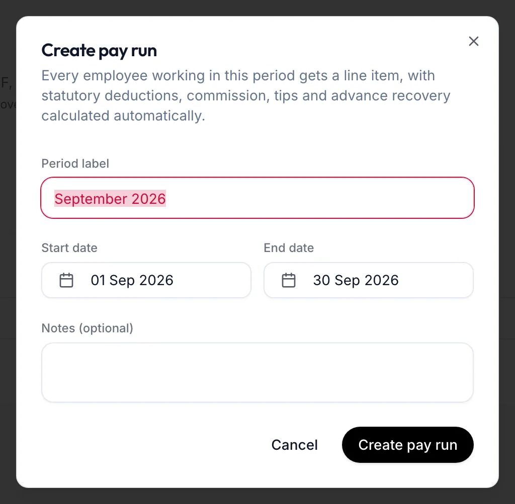 The Create pay run dialog