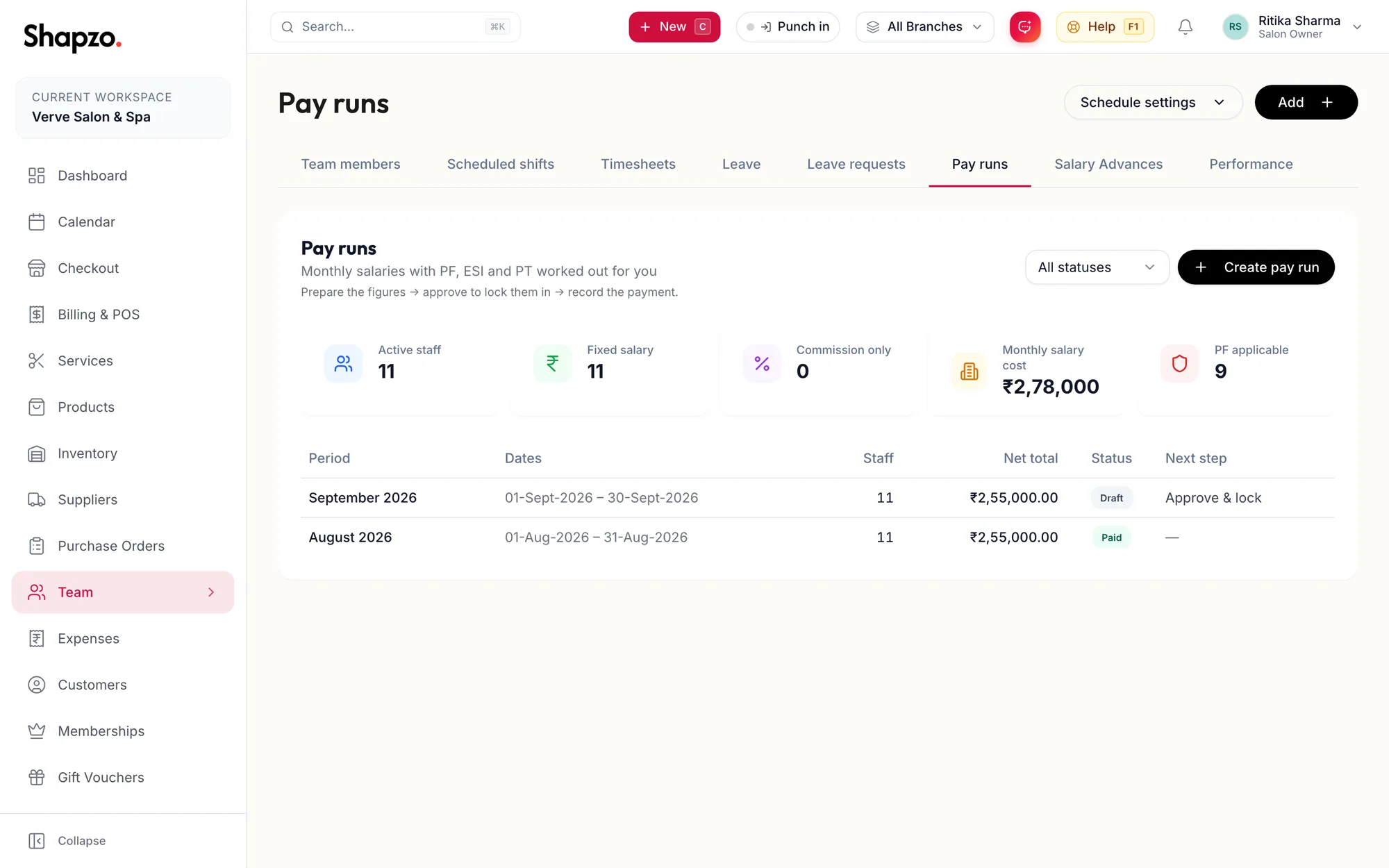 The Pay runs tab