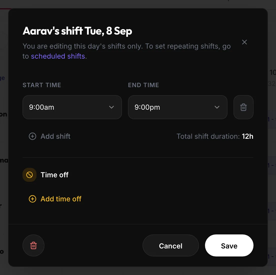 The Edit shift dialog