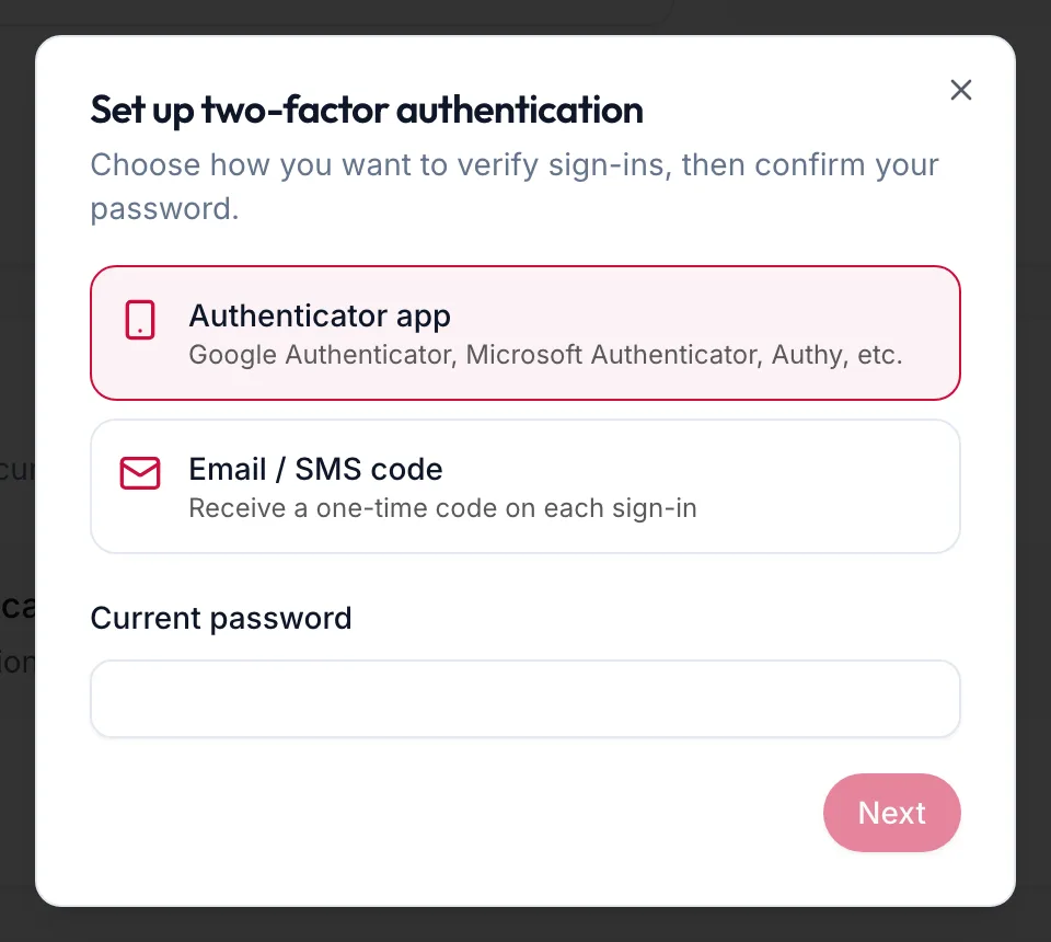 The two-factor setup dialog with its two methods