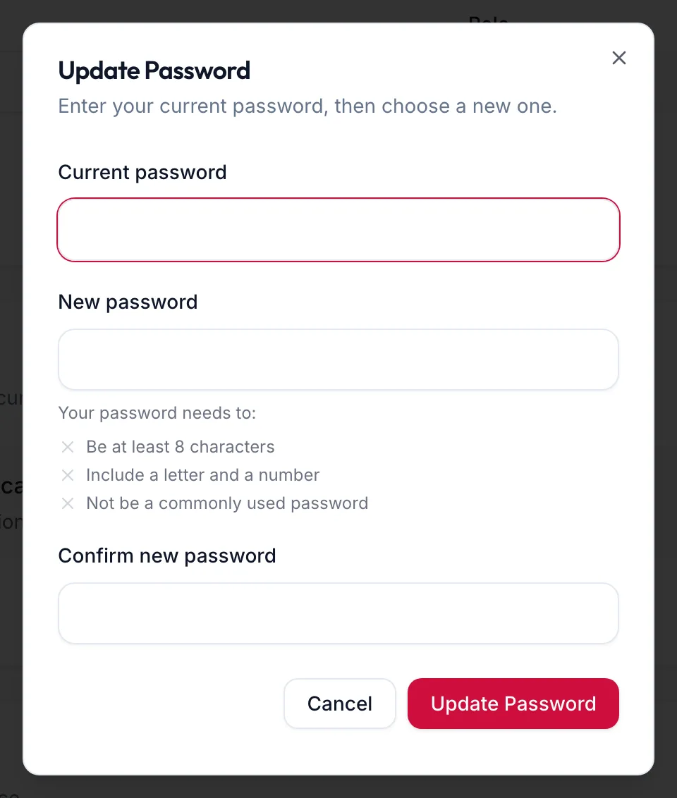 The Update Password dialog
