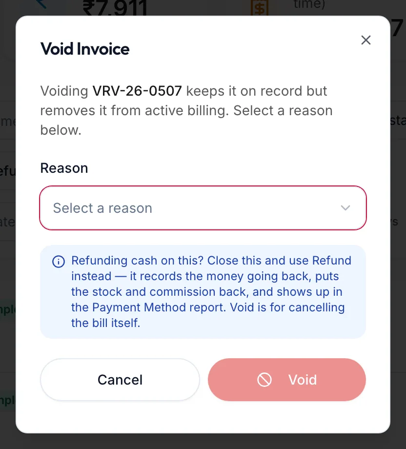 The Void Invoice dialog