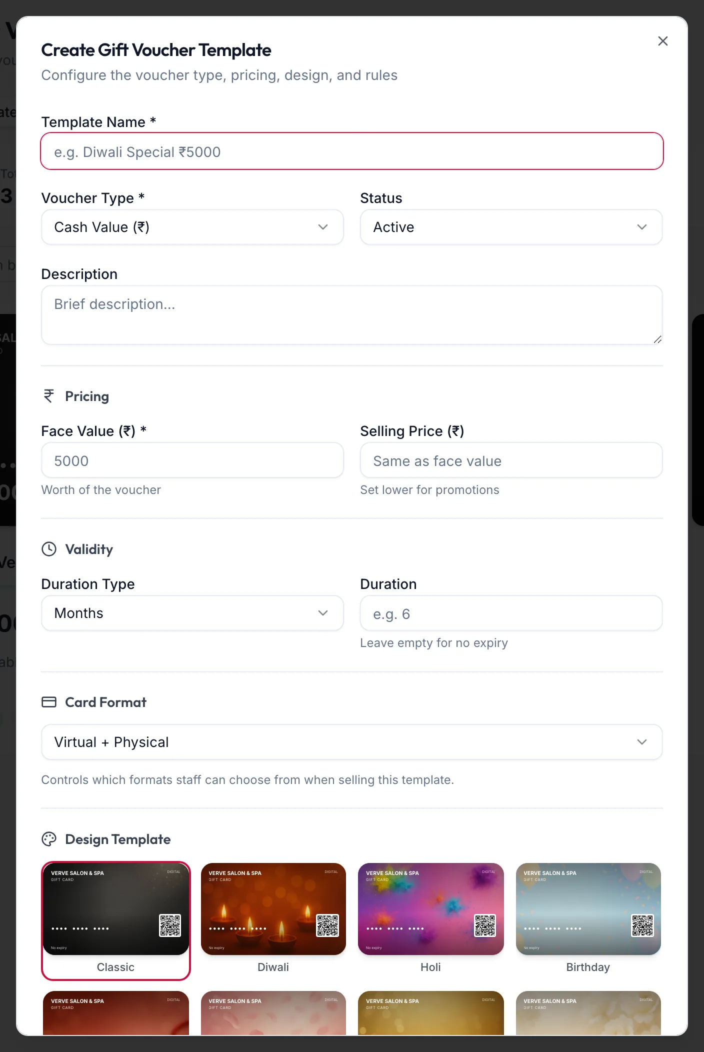 The Create Gift Voucher Template dialog