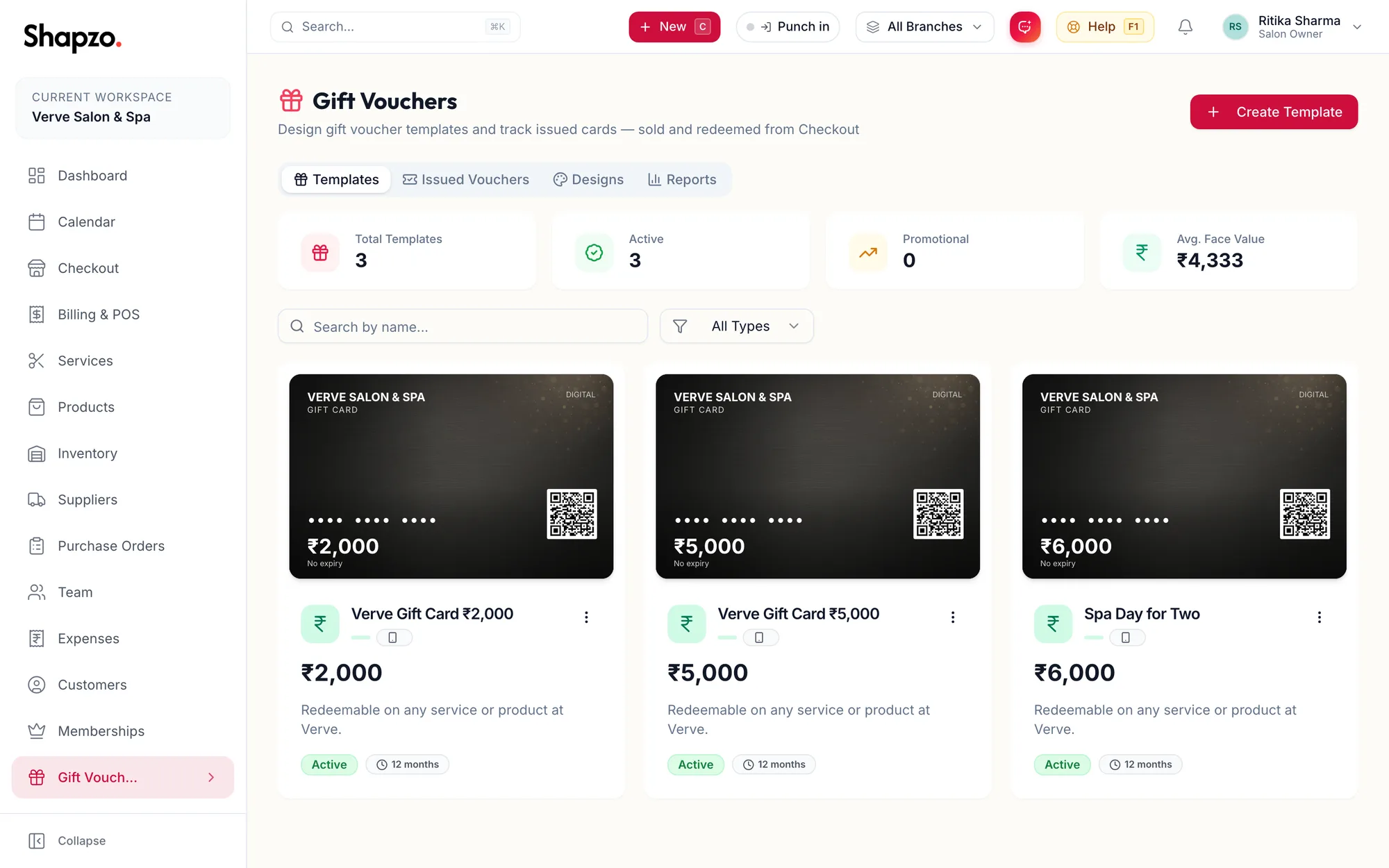 The Gift Vouchers page on the Templates tab