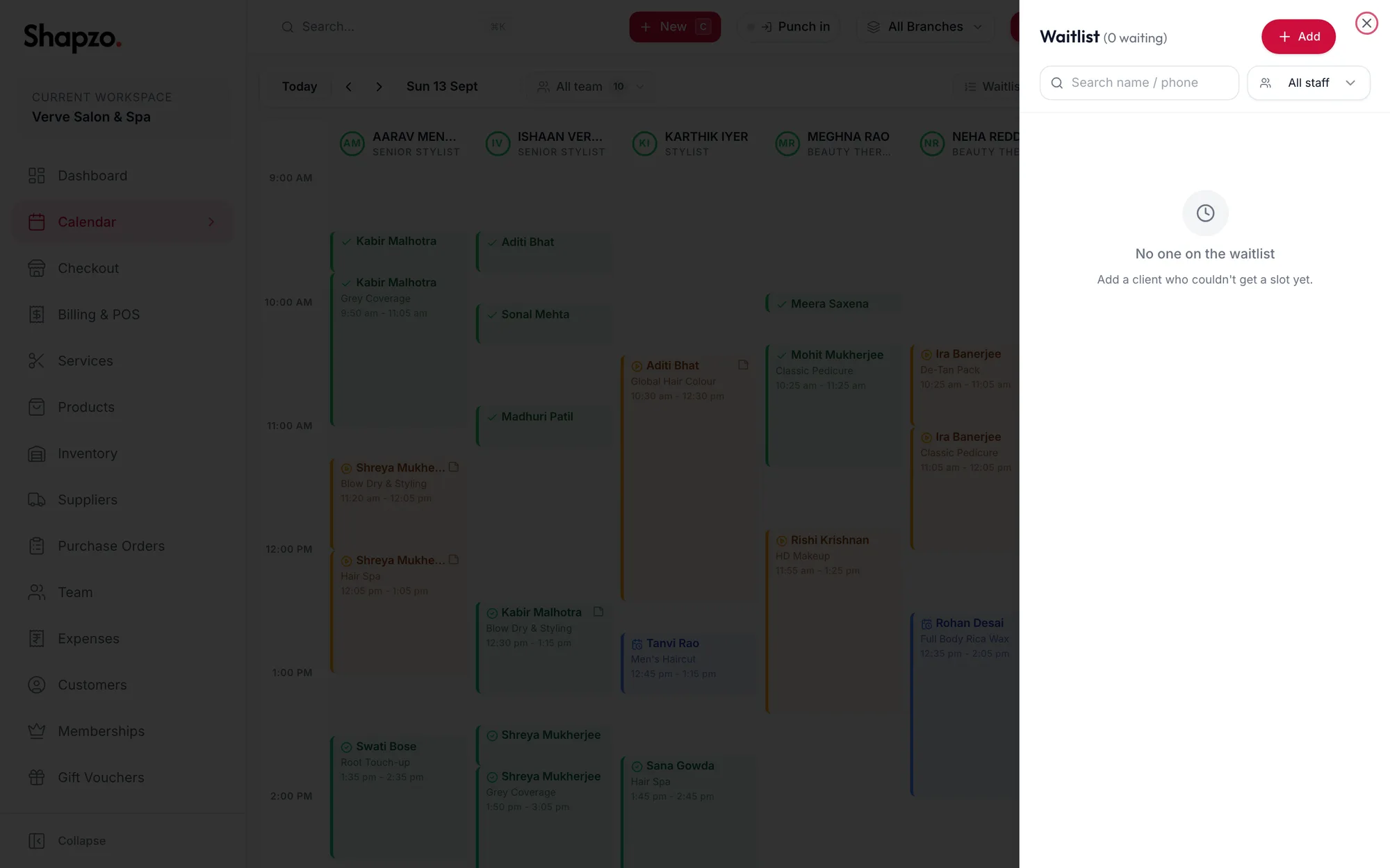 The waitlist drawer open beside the calendar